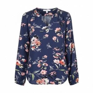 fun2fun Floral Print V Neck Smocked Blouse Women Navy Blue, Size Small, New